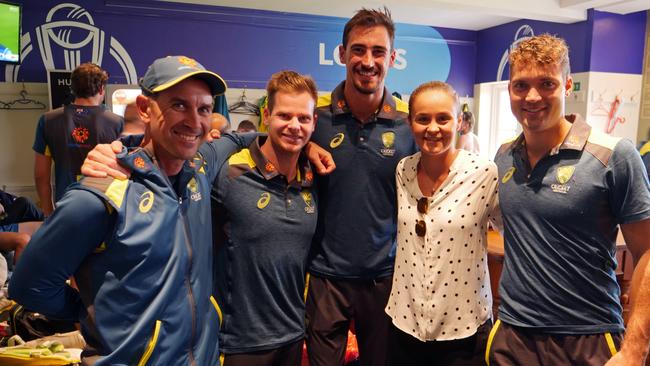 Aussie tennis star Ash Barty with Justin Langer, Steve Smith, Mitchell Starc and Alex Carey and Lord’s. Picture: Andre Mauger