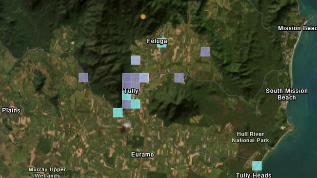 Almost 60 people reported to have felt a 2.1 magnitude earthquake in Tully, Far North Queensland, on Tuesday night. Orange marks the epicentre and purple/blue marks where the quake was reportedly felt. Map: Geoscience Australia