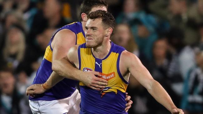 Luke Shuey celebrates after the goal. Picture: AFL Media/Getty Images.