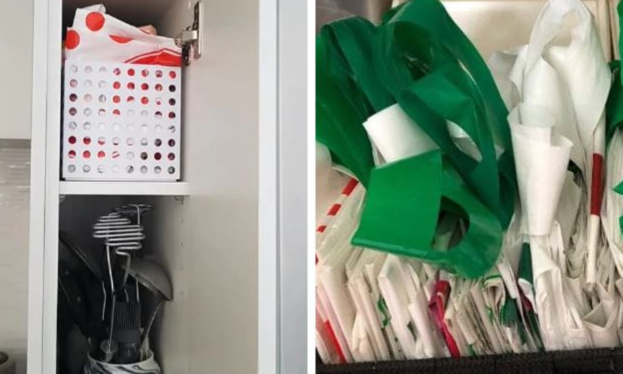 This Kmart container easily holds a stack of neatly folded bags. Picture: Facebook