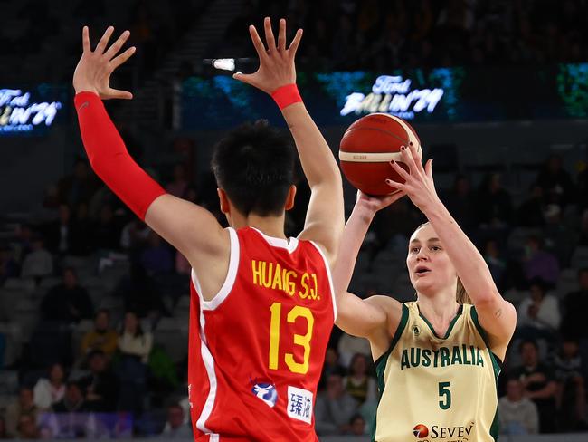 Darcee Garbin punched in three triples on her way to 15 points and grabbed five rebounds and two steals. Picture: Graham Denholm/Getty Images