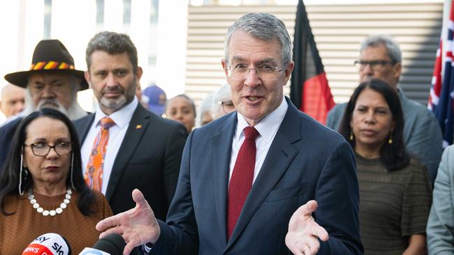 Attorney-General Mark Dreyfus with the National Referendum Engagement Group in Adelaide, speaking with media about the proposed voice to parliament on Friday. Picture: NCA NewsWire / Morgan Sette