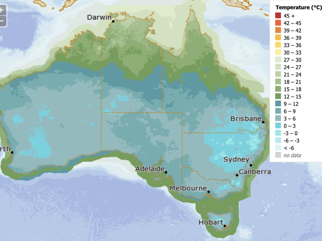 Overnight minimum temperatures. Picture: Bureau of Meteorology.