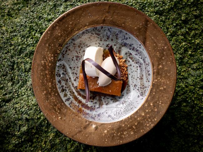 The Source’s Treacle tart which is complemented with Moo Brew stout ice cream, vanilla parfait, brown bread crunch. Picture: Rosie Hastie/MONA