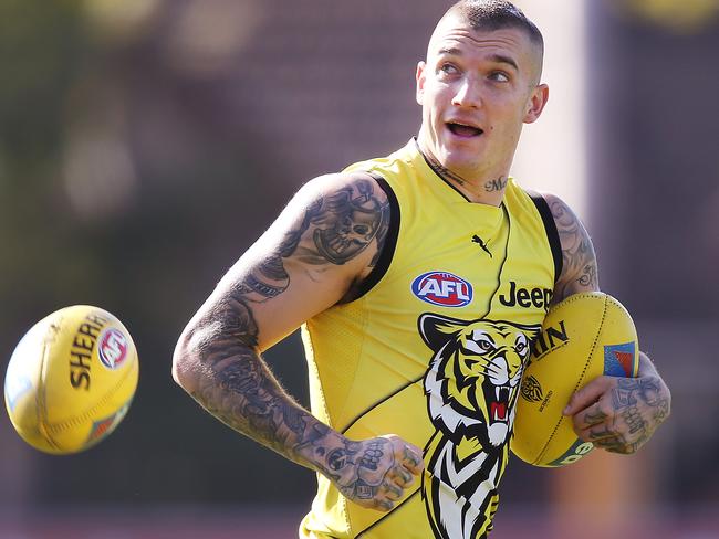 MELBOURNE, AUSTRALIA - MARCH 27: Dustin Martin of the Tigers looks upfield during a Richmond Tigers AFL training session at Punt Road Oval on March 27, 2019 in Melbourne, Australia. (Photo by Michael Dodge/Getty Images)