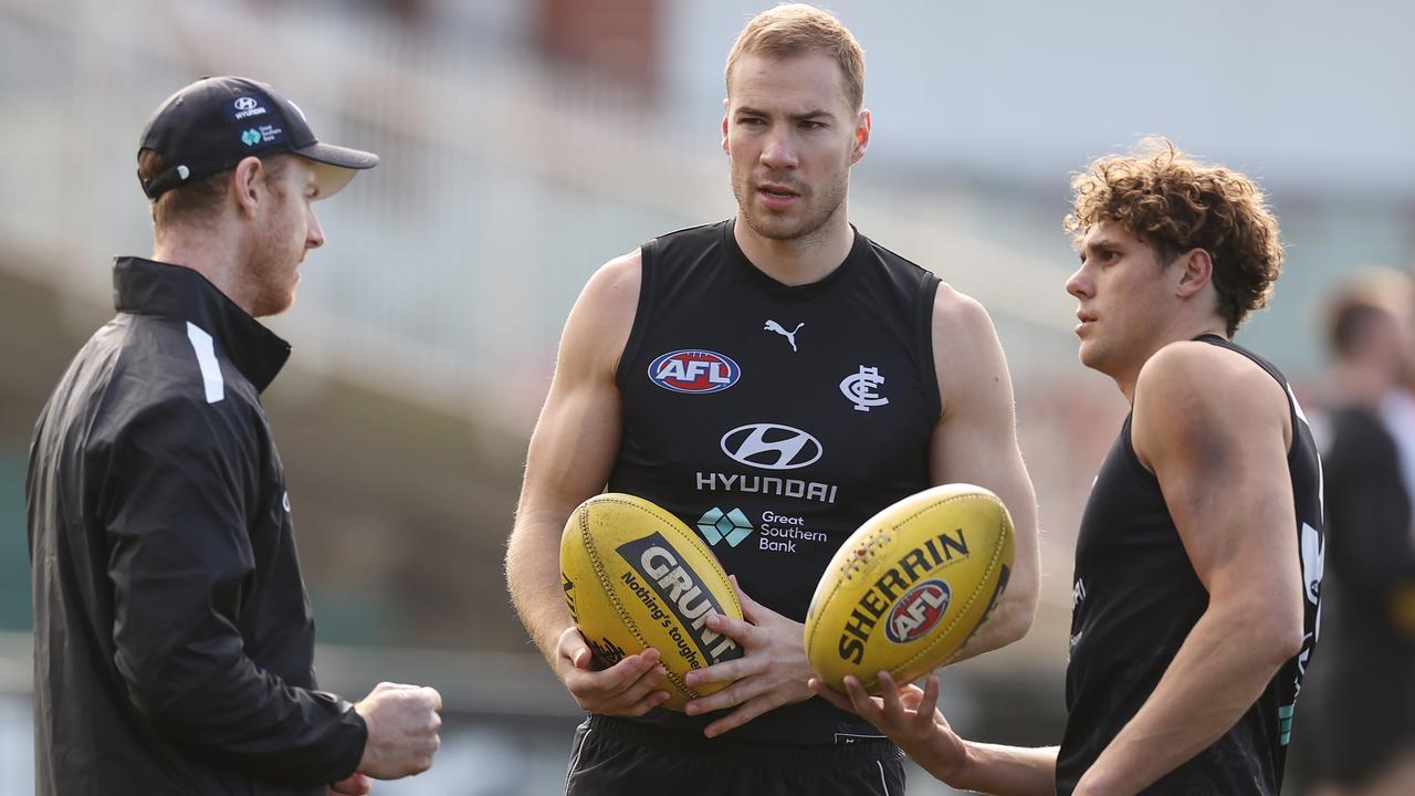 Harry McKay (quad) and Charlie Curnow (ankle) will both miss at least one game as Carlton fights to keep its season alive. Picture: Michael Klein