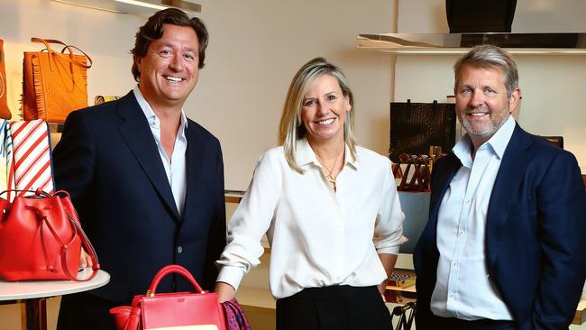 Oroton owner Will Vicars, new creative director Sophie Holt and CEO Ross Lane. Picture: Hollie Adams
