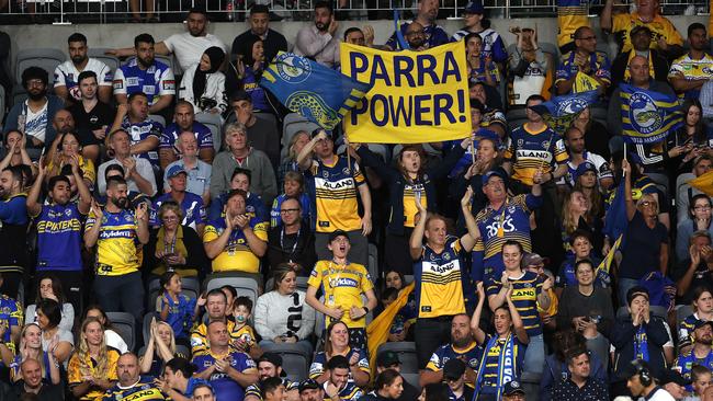 Eels fans get behind their team at Bankwest Stadium. Picture: Phil Hillyard