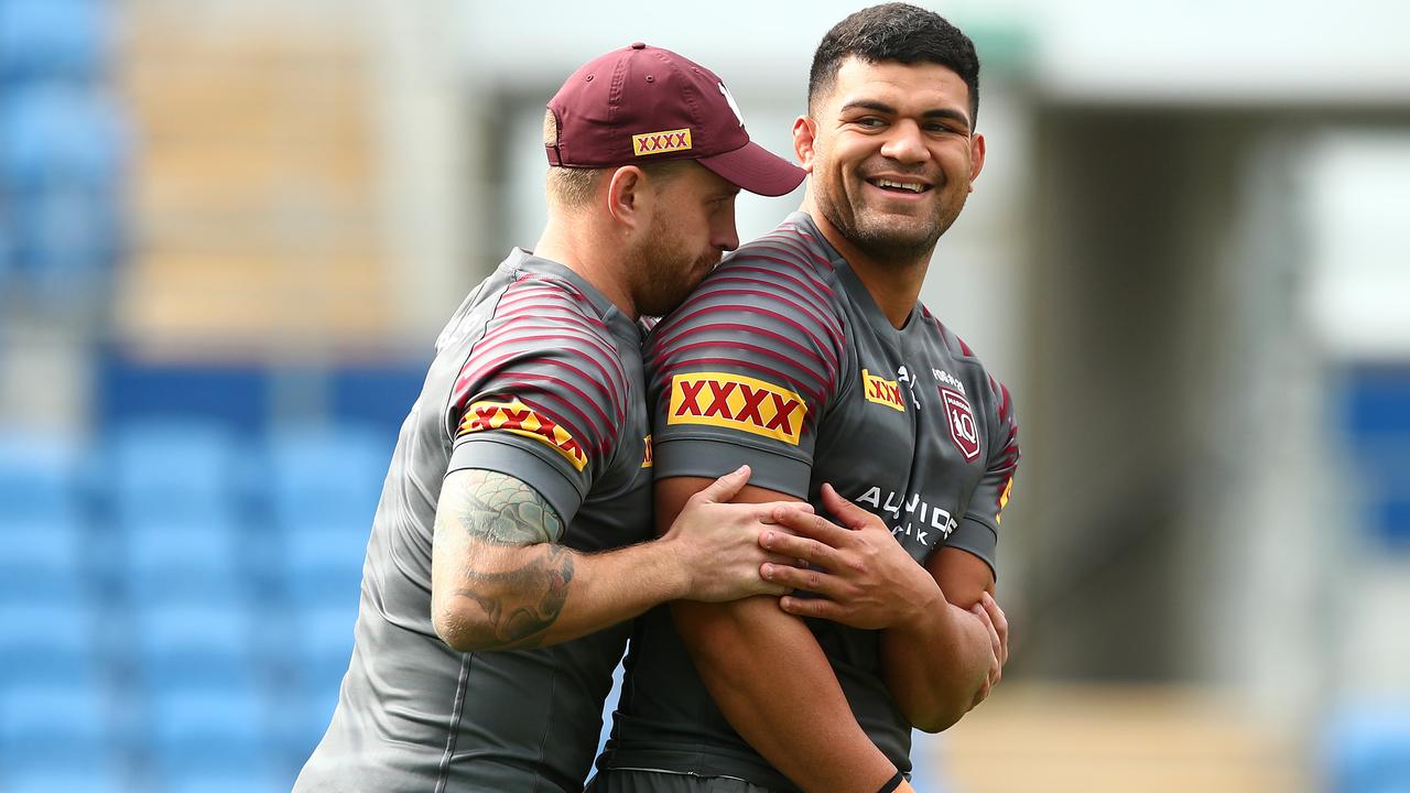 GOLD COAST, AUSTRALIA - JUNE 03: Cameron Munster and David Fifita during a Queensland Maroons State of Origin training session at Cbus Super Stadium on June 03, 2021 in Gold Coast, Australia. (Photo by Chris Hyde/Getty Images)