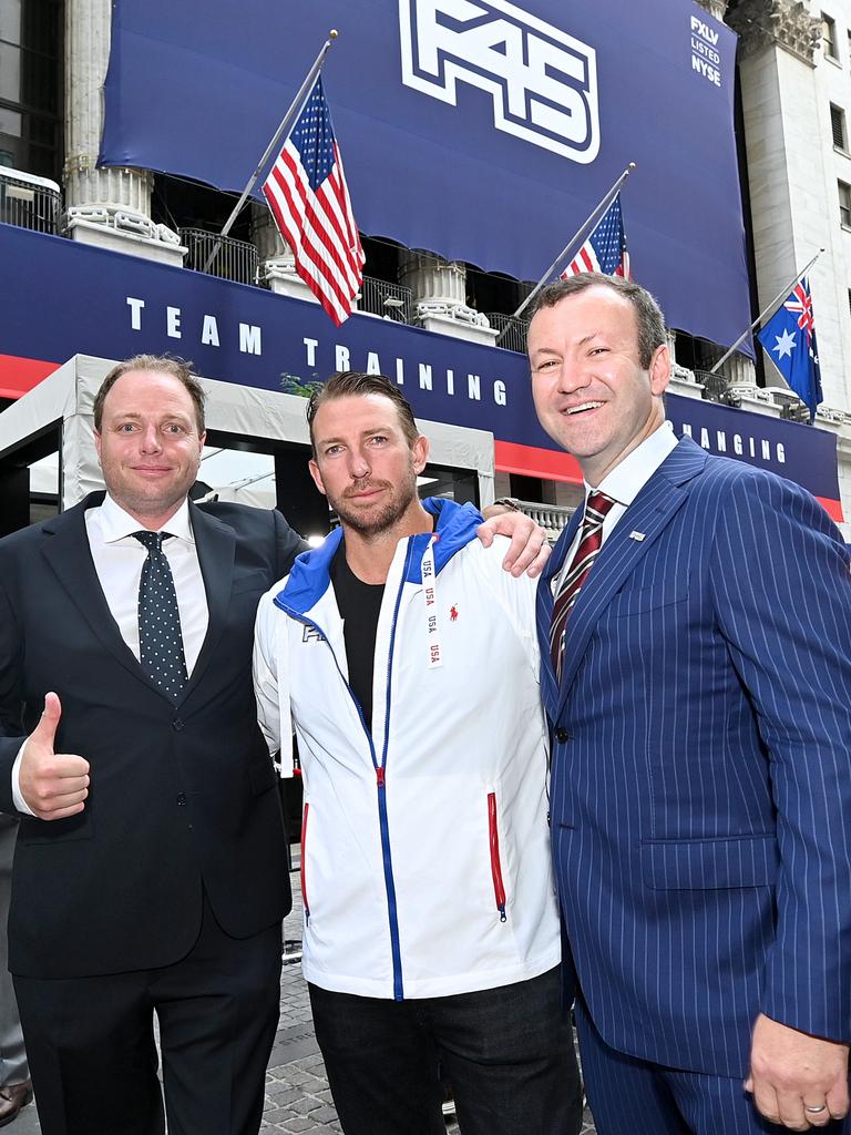 F45 CFO Chris Payne, F45 Founder and CEO Adam Gilchrist, and F45 Chief Revenue Officer Luke Armstrong in New York City. Picture: Noam Galai/Getty Images