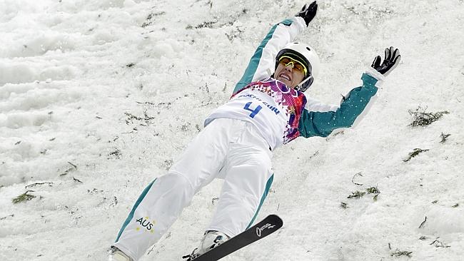 Australia's Lydia Lassila crashes on her final jump in the women's freestyle skiing aerials final. Picture: AP