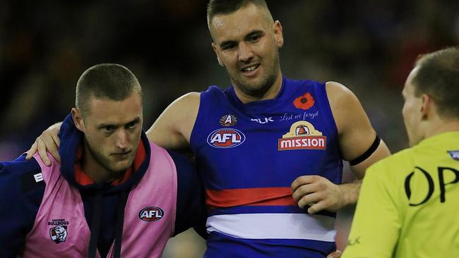 AFL: Round 5 Western Bulldogs v Brisbane Lions Matthew Suckling injures his ankle 1st term Picture: Wayne Ludbey