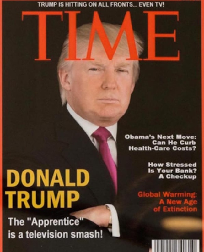 Donald Trump on cover of mocked-up Time magazine; fake cover in his golf clubs