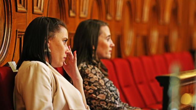 Sisters and lead petitioners, Natalie and Jacqui Gray look on as Independent MLC, Michael Gaffney talks during the reading of the Voluntary Assisted Dying Bill at the Tasmanian Legislative Council. Picture: Zak Simmonds