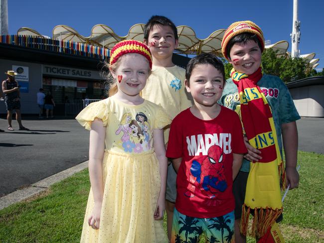 Maze Chapman with Chance, Carson, and Connah Long before the Gold Coast Swans take on the Sydney Swans at People First Stadium, Carrara. Picture: Glen Campbell