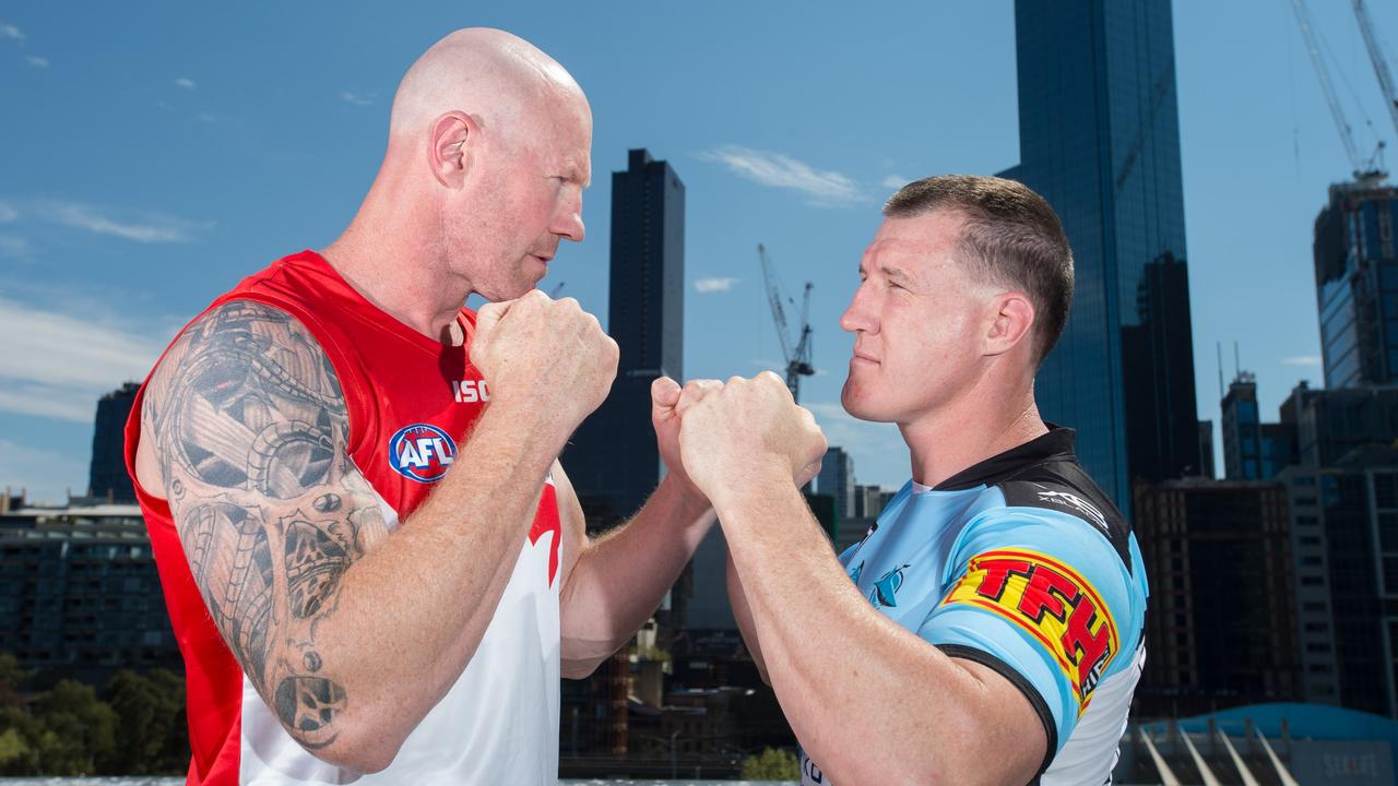 Former AFL player Barry Hall and NRL player Paul Gallen face off. Picture: Dave Goudie