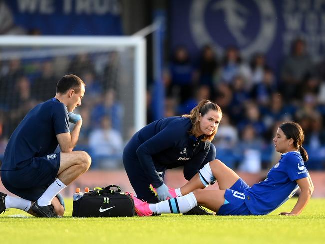 Sam Kerr receives medical treatment before coming off in Chelsea’s win over Everton. Picture: Alex Davidson/Getty Images