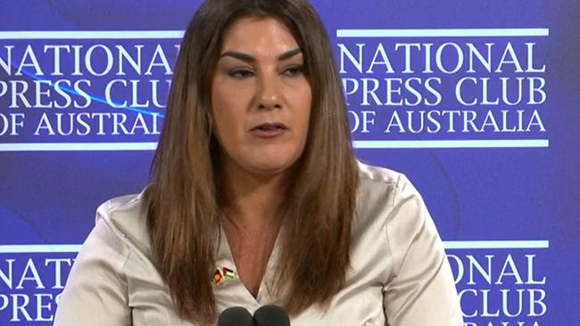 Lidia Thorpe wore a twin-flagged brooch during her National Press Club appearance. Picture: NCA NewsWire