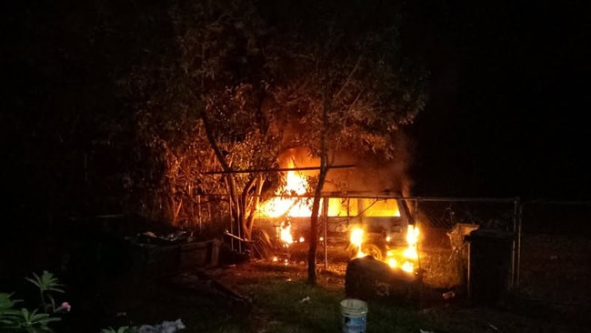 Residents of Maningrida fear crime rates will rise once their security guards leave in June. On April 28, a car was set alight in an apparently deliberate act outside a home in Maningrida. Picture: Facebook