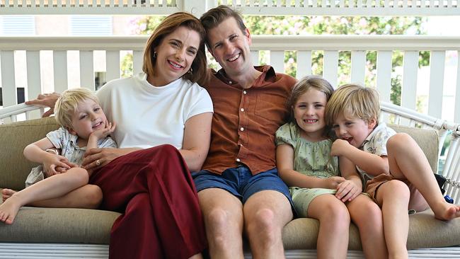 Anika Wells at home with her family, husband Finn, daughter Celeste, 7, and twins Oshy and Dash, 4. Picture: Lyndon Mechielsen/Courier Mail