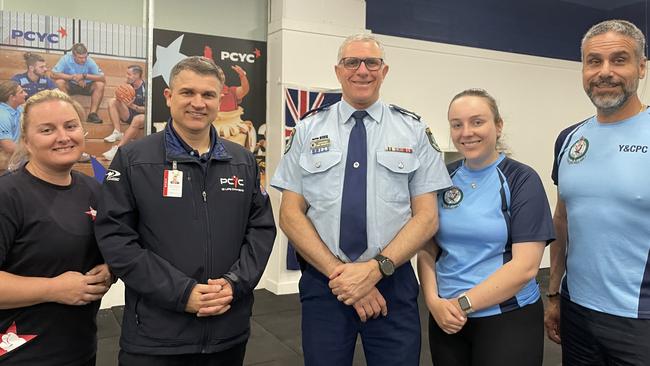 Parramatta police youth officer Kellie Redwood, NSW PCYC operations manager Jamie Owens, NSW Police Youth Command Sam Crisafulli, NSW Police youth engagement officer Alyssa Nakat and NSW Police Youth Command youth engagement officer Danny Eid at the temporary Parramatta PCYC at Westfield.