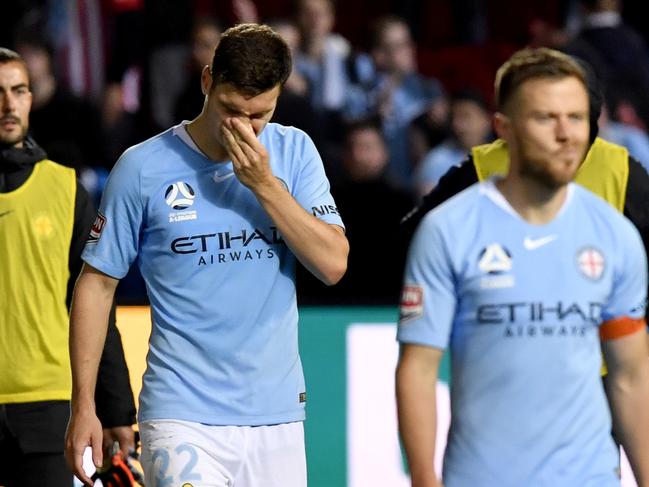 Curtis Good of City reacts after their loss in the A-League Elimination Final match between Adelaide United and Melbourne City at Coopers Stadium in Adelaide, Sunday, May 5, 2019. (AAP Image/Sam Wundke) NO ARCHIVING, EDITORIAL USE ONLY