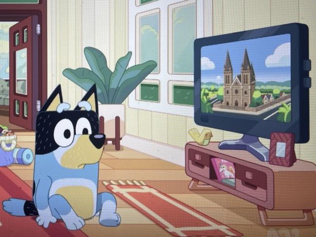 Screen grab from Bluey cartoon series three episode titled "Cubby" depicting St Peter's Cathedral in Adelaide on the TV screen.