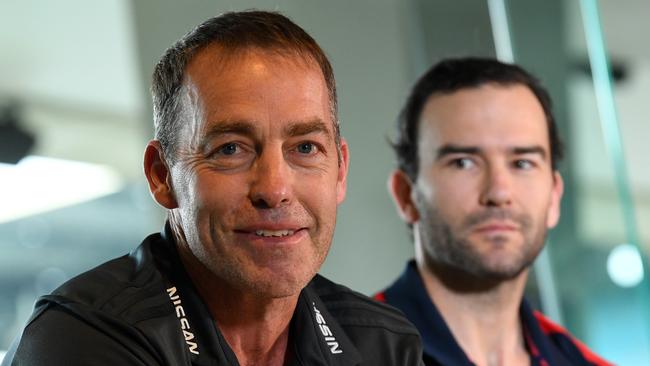 Ex-Hawthorn coach Alastair Clarkson and Jordan Lewis at a press conference in 2019. Picture: AAP Image/James Ross