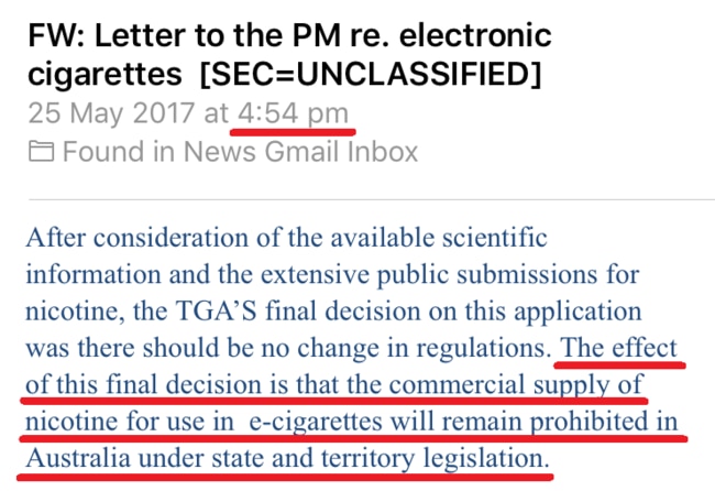 What a difference a minute makes! Email from Assistant Health Minister David Gillespie's office on electronic cigarettes at 4.54pm...