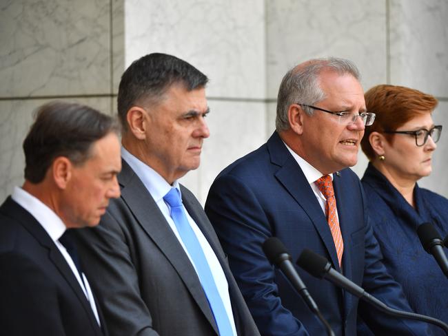 Minister for Health Greg Hunt, Chief Medical Officer Professor Brendan Murphy, Prime Minister Scott Morrison and Minister for Foreign Affairs Marise Payne give an update on the coronavirus. Picture: AAP