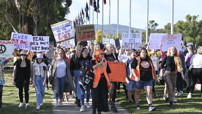 Demonstrators arrive at the No More! National Rally Against Violence march at Parliament House in Canberra. Picture: Martin Ollman.