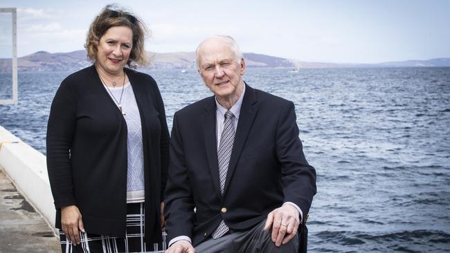 DPZ Co-Design partner Marina Khoury and co-land owner Greg Carr with the Droughty Point site in the background. Picture: LUKE BOWDEN
