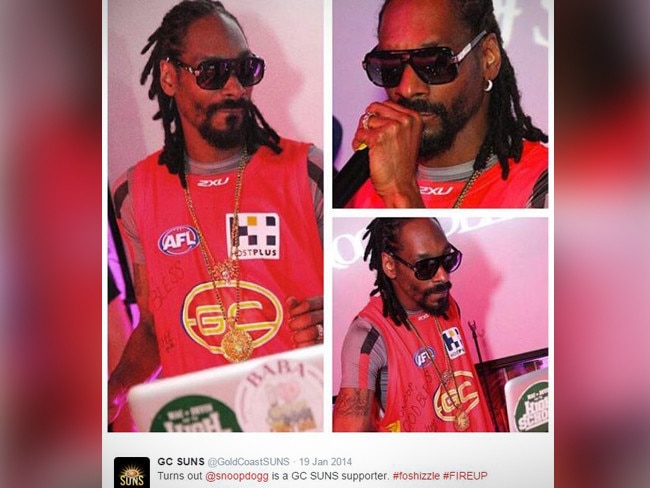 Rapper Snoop Dogg must have been high when he donned a Gold Coast Suns jumper during a performance.