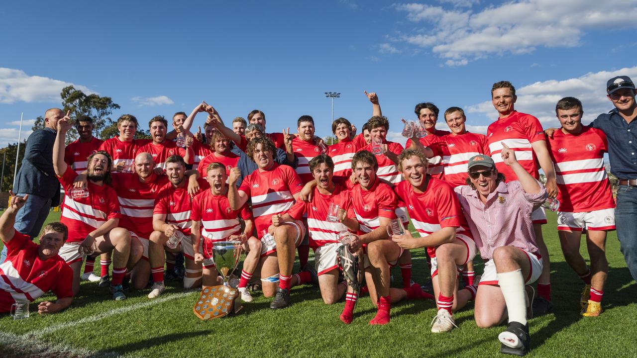 St George Frillnecks celebrate their win against Goondiwindi Emus in the Bill Flamsteed Cup B Grade grand final. Picture: Kevin Farmer