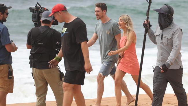 Sam Frost filming scenes for Home And Away on Monday. Picture: John Grainger