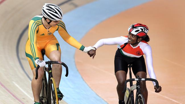 Delhi 2010 Commonwealth Games. Day 4. Track Cycling from the Indira Gandhi Sports Complex, Day Session. Anna Meares thanks her Indian opponent Mahitha Mohan in the Quarter Finals of the Women's Sprint.