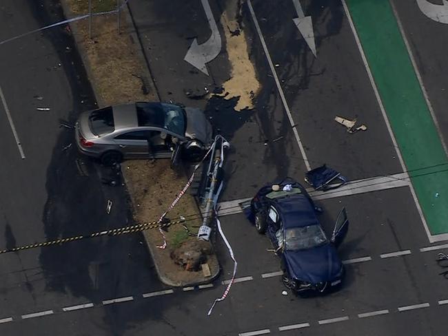 Lygon St / Elgin St Carlton car crash accident- chopper stills. Supplied: 7News