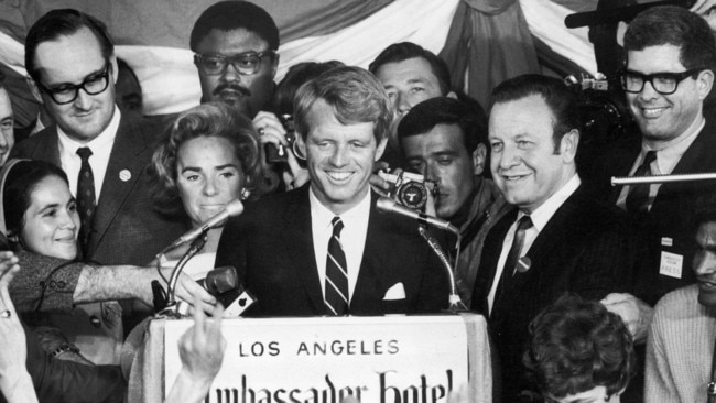 Robert Kennedy, with Ethel, addressing a crowd at the Ambassador Hotel, shortly before he was assassinated. Picture: Julian Wasser/Time Life Pictures/Getty Images/The Times