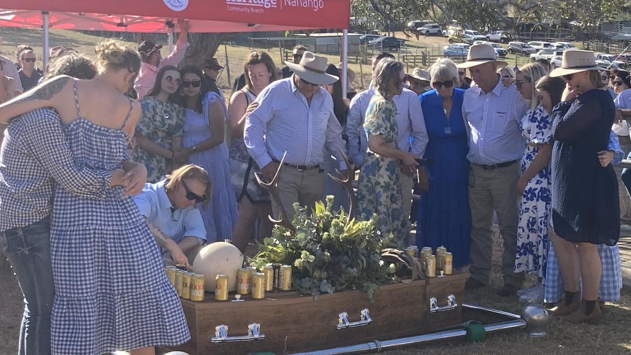 Mourners were encouraged to drink a cold beer for Riley during the service, with the empties being lined up on his casket to join him when he was laid to rest.