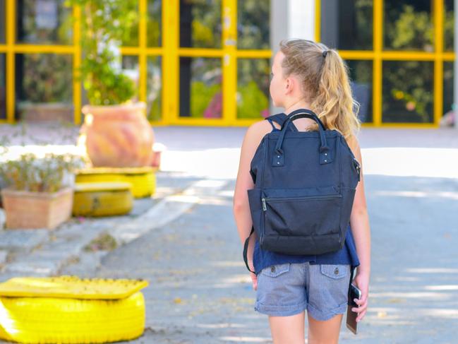 Happy kid Back to school. Child little girl with bag go to elementary school. Child of primary school. Pupil go study with backpack. Back View. Source: iStock