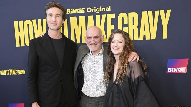 Nick Waterman (left), Paul Kelly and Megan Washington attend the Sydney premiere of How To Make Gravy in Sydney on November 21, 2024. Picture: Saverio Marfia/Getty