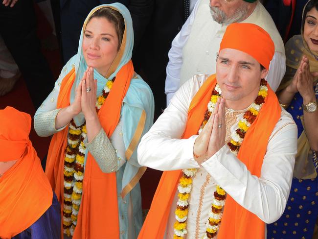 Justin Trudeau and Sophie Gregoire pay their respects at the Sikh Shrine Golden Temple in Amritsar in 2018. Picture: AFP