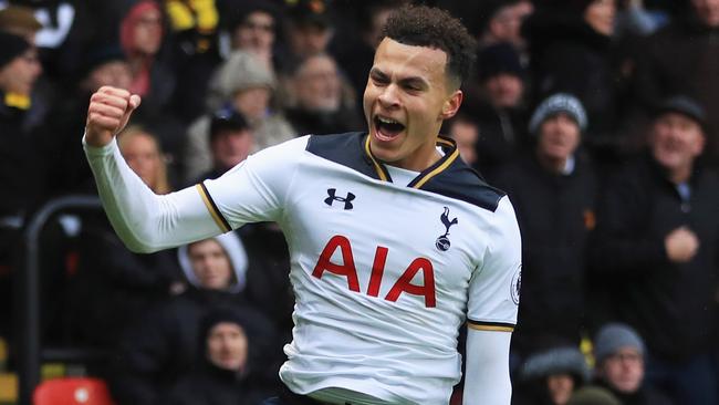 WATFORD, ENGLAND - JANUARY 01: Dele Alli of Tottenham Hotspur celebrates as he scores their third goal during the Premier League match between Watford and Tottenham Hotspur at Vicarage Road on January 1, 2017 in Watford, England. (Photo by Richard Heathcote/Getty Images) *** BESTPIX ***