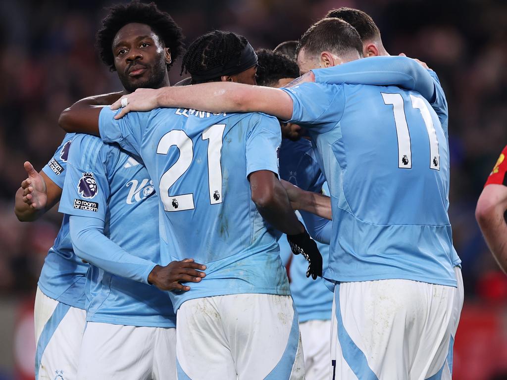 Ola Aina celebrates scoring his team's first goal with Nottingham Forest teammates. Picture: Getty Images