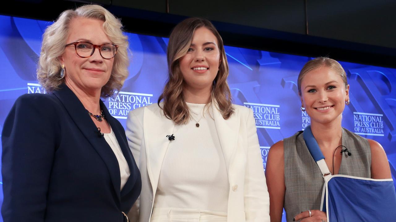 Brittany Higgins and Grace Tame pictured with National Press Club President, Laura Tingle, after speaking at the National Press Club. Picture: Lisa Maree Williams/ Getty Images