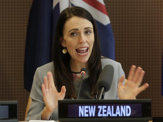 Prime Minister of New Zealand Jacinda Ardern speaks at a press event at U.N. headquarters Wednesday, Sept. 25, 2019. The countries were announcing a new initiative on climate change and trade. (AP Photo/Seth Wenig)