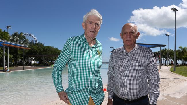 Former Cairns Mayor Kevin Byrne and current Cairns Mayor Bob Manning at the Cairns Esplanade Lagoon. Picture: Sandhya Ram