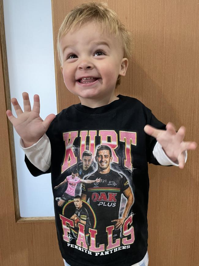 Kurt Falls' son Carter with a special T-shirt, ahead of his dad’s NRL debut. Picture: Supplied