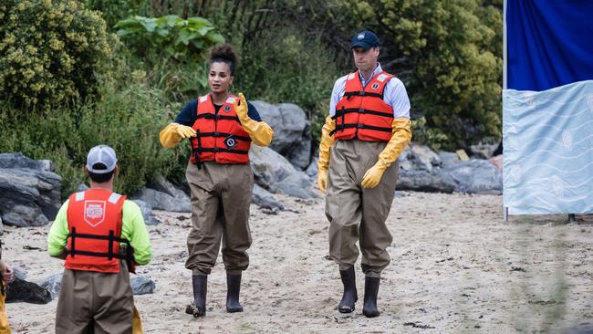 Britain's Prince William dons a pair of waders as he meets with students from the Urban Assembly New York Harbor School on September 18. Picture: Stefan Jeremiah / POOL / AFP