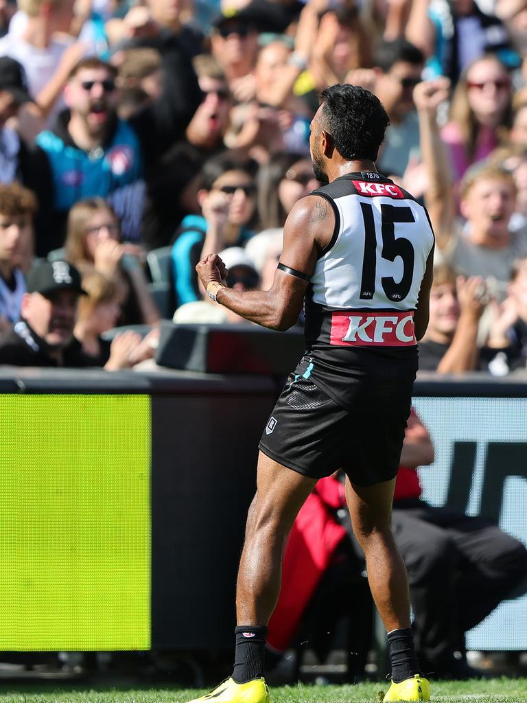 He had an impact in the midfield and booted three goals. Picture: Sarah Reed/AFL Photos